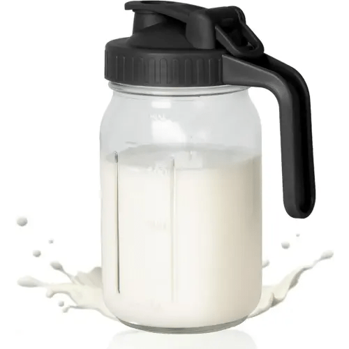 32oz Breast Milk Pitcher, 1 Quart Glass Mason Jar with Flip Top Lid and Spout, Airtight Breast Milk Storage Container, Leakproof Creamer Container Keeps Milk Fresh, Black