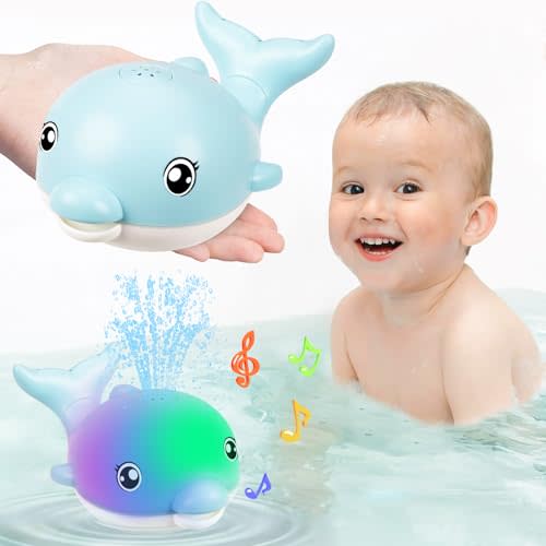 Baby Bath Toys, 2025 Upgraded Magnetic Charging Toddler Bath Toys for Kids Ages 1-3, Light Up Dolphin Bath Toy Sprinkler, Easter Basket Stuffers Birthday Gifts Infant Baby Toys 6-12-18 Months- Blue
