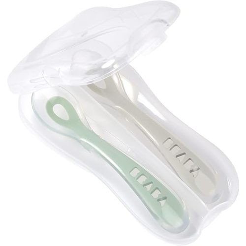 BEABA Toddler's Self-Feeding Spoon Set with Travel Case, Original Silicone Baby Spoons, Baby Essentials, Travel Set, Sage + Cloud