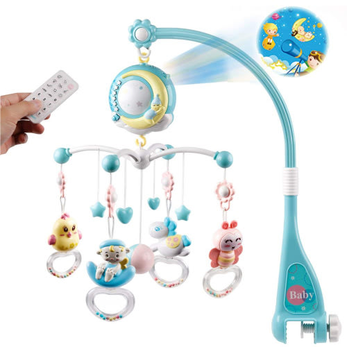 Ltrototea Blue Baby Rattle, Headbell, Nightlight, Music Projection, Remote Control - Soothing Star-Shaped Design for Little Ones