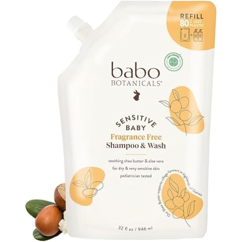 Babo Botanicals Sensitive Baby Fragrance-Free 2-in-1 Shampoo & Wash - Shea Butter, Calendula & Aloe Vera - EWG Verified - Cruelty-Free - Vegan - Pediatrician Tested - For Babies & Kids