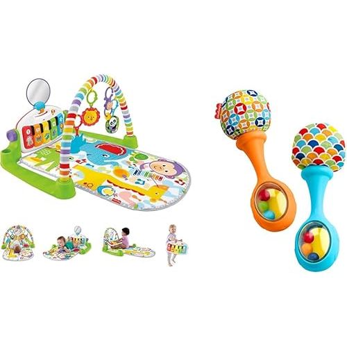 Fisher-Price Baby Playmat Deluxe Kick & Play Piano Gym with Musical -Toy Lights & Smart Stages Learning Content for Newborn to Toddler & Newborn Toys Rattle 'n Rock Maracas