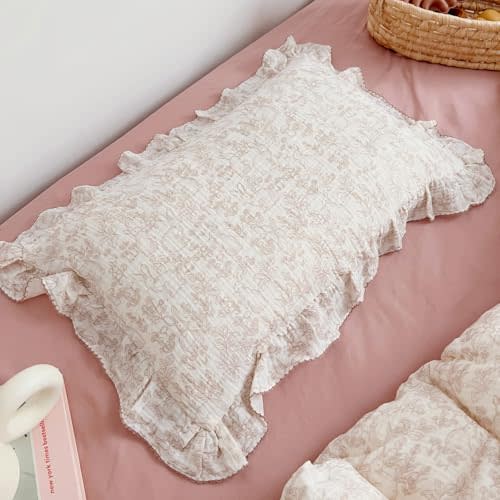 BuLuTu Muslin Kids Pillow Case with Ruffles,14"x20",Forest & Rabbit Pattern | 100% Cotton, Chic Shabby Pillow Cover for Toddler Girls Boys, Cottage Aesthetic Vintage Pillowcases, Soft Breathable, 1 Pack