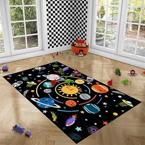 Space Rug, 5'×7', Polyester, Handmade, Black or Dark Blue, Machine Washable, Area Rug for Boys Bedroom Decor, Space Themed