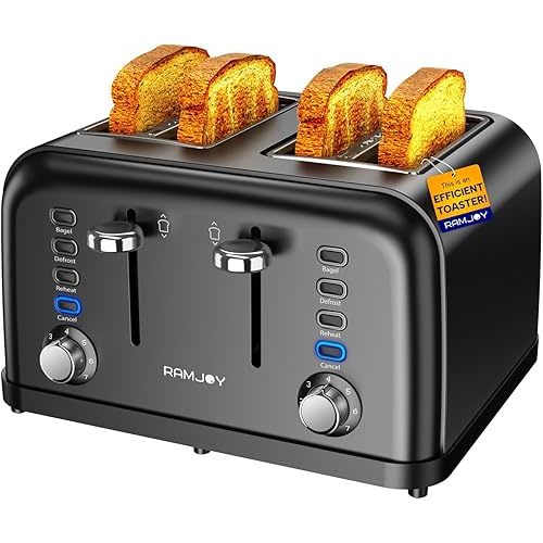 Black Toaster 4 Slice, Dual Independent Controls, Extra Wide Slot Toasters for Bagel, Bread, Waffles, 7 Shade Settings, 4 Main Functions, Removable Crumb Tray, 1500 Watts, Black Stainless Steel