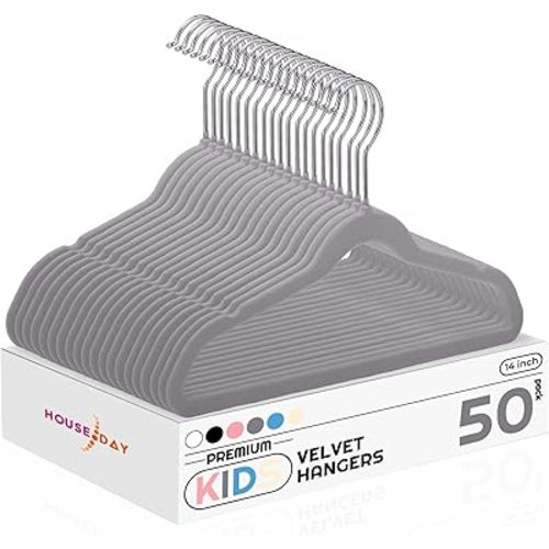 HOUSE DAY 14 Inch Kids Velvet Hangers 50 Pack, Durable Big Kid Hangers for Youth, Teen, Non Slip Kids Felt Hanger, Cute Childrens Hanger for Closet, Grey