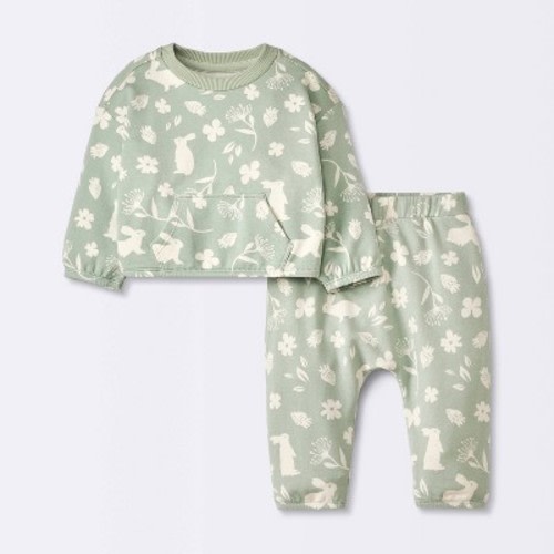 Baby Girls' Modal French Terry Bunny Top & Bottom Set - Cloud Island™ Green 3-6M