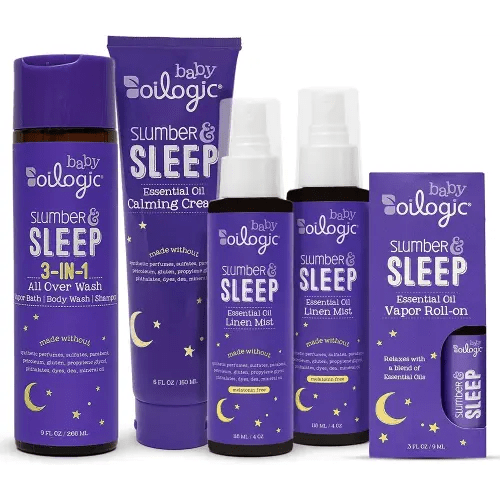Oilogic Slumber & Sleep Bath Baby Essentials Gift Set - Includes All Over Wash, Calming Cream, Sleep Spray & Roll-On Essential Oils - Pediatrician-Tested Sleep, Comfort & Wellness Blends for Babies