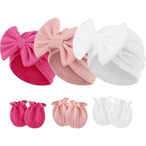 Newborn Baby Hats and Mittens Set Infant Bow Beanie Cap Toddler Gloves Newborn Hospital Hats for Baby Boy Girl 0-12 Months