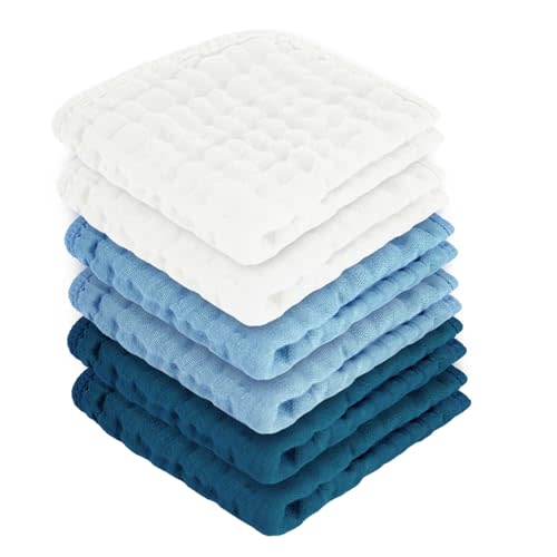 MIGIOL Baby Washcloths 100% Cotton Size is 12x12 inches. Lightweight, Portable, and Ideal for use at Home or on The go. (White & Blue 6 Pieces)