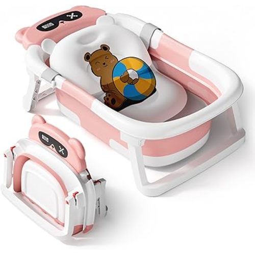 AVIDR Baby Bathtub,Collapsible Bathtub for Newborn to Toddler,Durable Essential Infant Bath Tub,Portable Travel Baby Tub with Soft Cushion,No-Slip Hanging and Detachable(Pink)