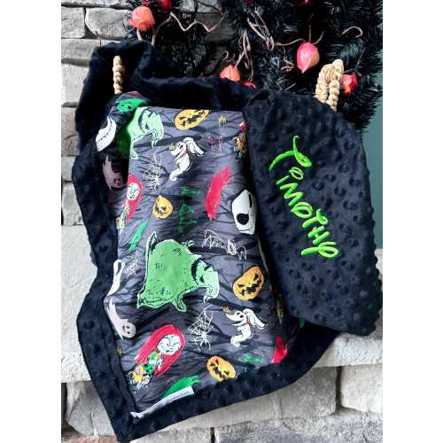 Personalized Nightmare Before Christmas Blanket | Frame Style Border | Embroidery | Baby Shower Gift | Halloween Cotton Fabric Seasonal Char