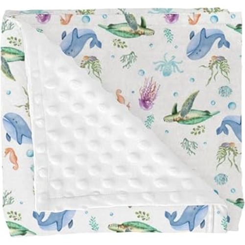 Boho Sea Animals Baby Blanket for Girl Boy Sea Horse Turtle Whale Jellyfish Coral Soft Mink Bed Blanket with Dotted Backing Ocean Double Layer Swaddle Receiving Blanket for Toddler Nursery 30x40