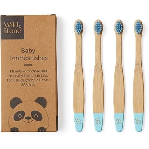 Wild & Stone Organic Baby Bamboo Toothbrushes | 4 Pack | Soft Bristles | 100% Compostable Handle | BPA Free | Vegan Baby Toothbrushes (Baby Blue)