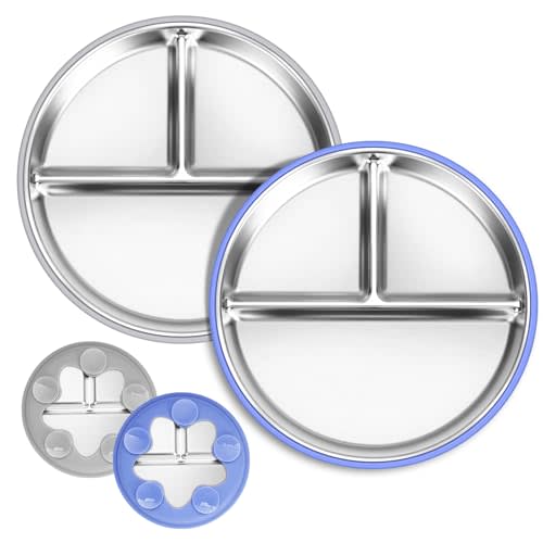 Dualshine 2 Pack Stainless Steel Kids Plates, 9’’ Divided Baby Plates with Suction, Removable Toddler Plates with Silicone Sleeve, Non Toxic & BPA Free, Dishwasher & Microwave Safe