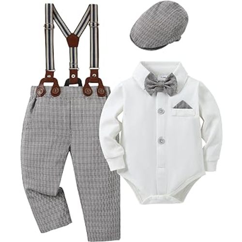 DISAUR Baby Boy Clothes Suits 4PCS Gentleman Outfit Dress Romper Beret Hat Suspender Pants Bow Tie Wedding Set