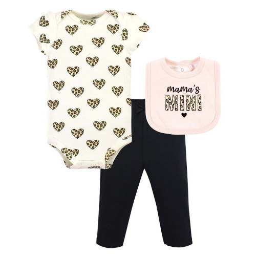 Hudson Baby Infant Girl Cotton Bodysuit, Pant and Bib Set, Leopard Hearts, 0-3 Months