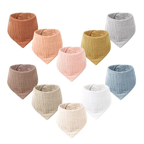Konssy Muslin Baby Bibs 10 Pack Baby Bandana Drool Bibs 100% Cotton for Unisex Boys Girls, 10 Solid Colors Set for Teething and Drooling - Light Color