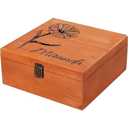 Personalized Wooden Keepsake Memory Box with Birth Flower & Name, Custom Wood Decorative Storage Box with Lids Customized Christmas Gift Box for Women Teen Girls Mom Birthday Gifts