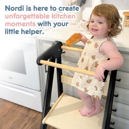 Nordi Foldable Toddler Kitchen Tower,Montessori Kitchen Stools Helper,Standing Tower with 3 Adjustable Heights,Suitable Age for 1.5-6 Years,Black