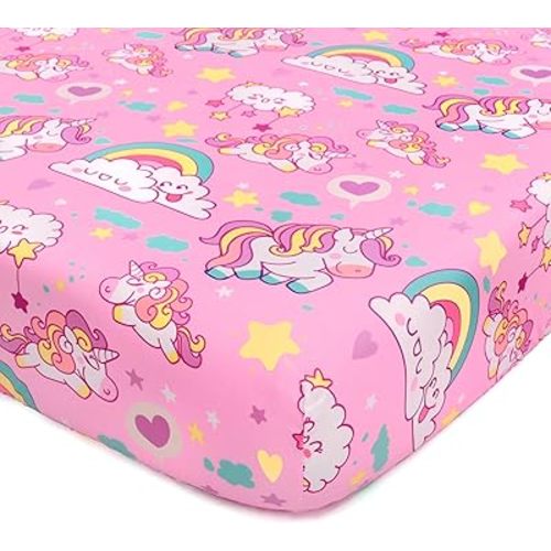 JISEN Baby Fitted Crib Sheets for Standard Crib and Toddler Mattress Soft Breathable Pink Unicorns Toddler Bed Sheets for Boys and Girls Neutral 52x28 Inch