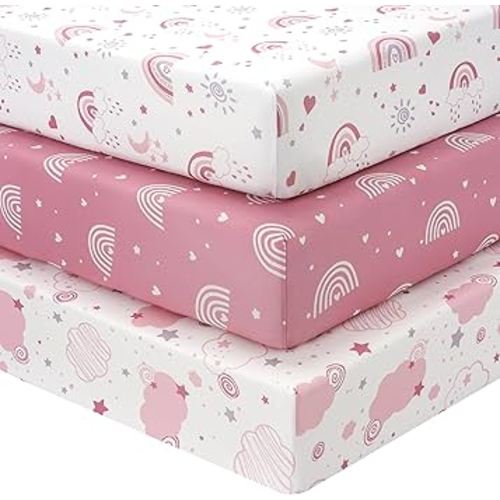 Baby Crib Sheets Girl, 3 Pack Toddler Bed Sheets Fit for 52”x28” Standard Crib and Toddler Mattresses, Super Soft Microfiber Pink Rainbow