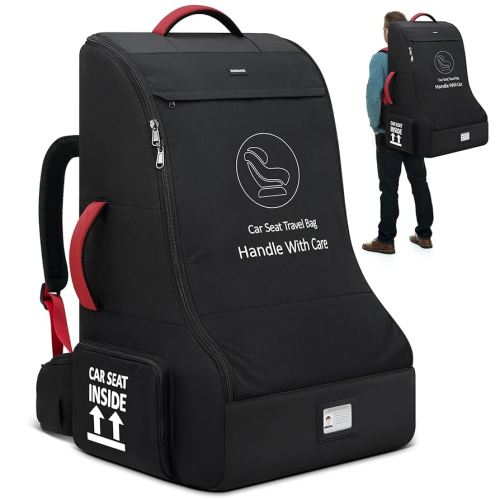 RAINSMORE Padded Car Seat Travel Bag for Airplane Heavy Duty Car Seat Backpack for Air Travel Baby Carseat Cover Bags for Airport Large Car Seats Carrier Fits Car Seats & Booster Seats, Black