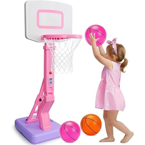 Toddler Pink Basketball Hoop Indoor Outdoor Age 1-3, Adjustable Kids Basketball Hoop with 3 Balls Backyard Outside Girls Basketball Goal Sport Toys for 1 2 3 4 Year Old Baby Girl Birthday Gifts