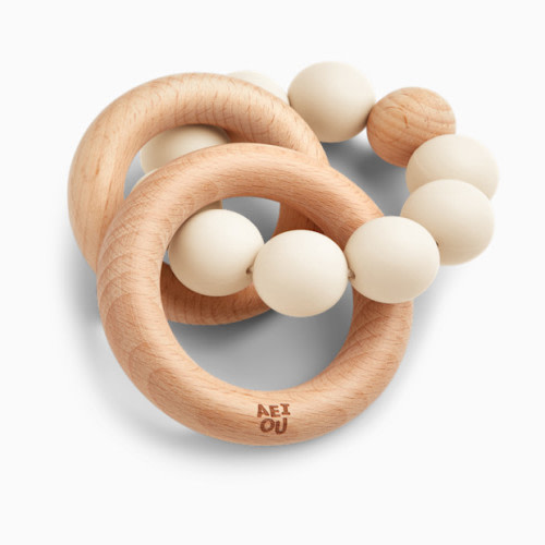 AEIOU Silicone & Wood Multi-Ring Teether - Oat Milk