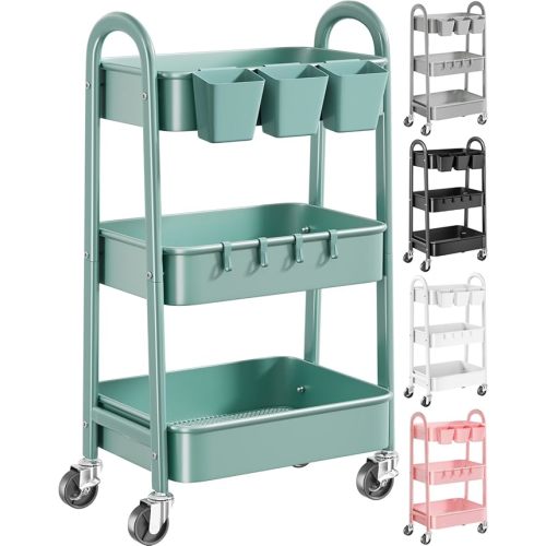 3 Tier Metal Rolling Cart- Elegant Green
