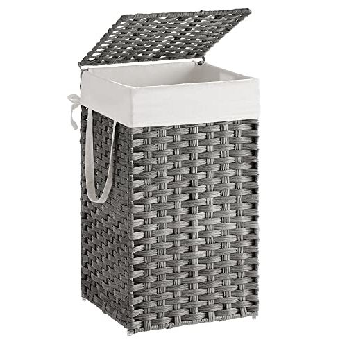 SONGMICS Laundry Hamper with Lid, 17.2 Gallon (65 L) Synthetic Rattan Clothes Laundry Basket with Lid and Handles, Foldable, Removable Liner, Dove Gray ULCB165G01