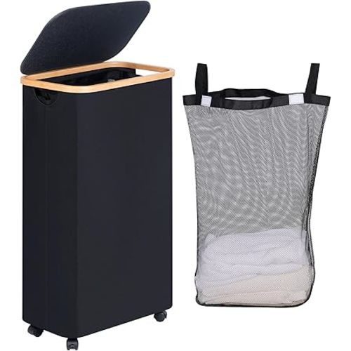 Slim Laundry Basket with Wheels, Narrow Rolling Laundry Hamper with Lid and Removable Bag, Tall Aesthetic Dirty Clothes Hamper on Wheels for Laundry Room, Bedroom, Dorm and Bathroom, 75L Black
