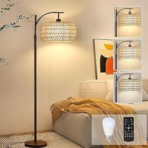 Arc Floor Lamps for Living Room Rattan Boho Floor Lamp with Remote Control,Dimmable LED Floor Lamp Wicker Lamp Shades Black Standing Lamp with 3 Color Temperature Tall Floor Lamps For Bedroom Corner