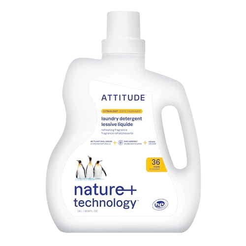 ATTITUDE Liquid Laundry Detergent, EWG Verified, HE Compatible, Plant-Based & Vegan, Natural Laundry Soap, Citrus Zest Scent, 60.8 Fl Oz
