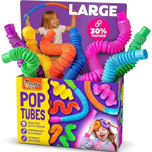 Nutty Toys Pop Tubes - Large 4-Pack Sensory Toys - Creative STEM Learning for Kids - Connect & Pop! Top ADHD Autism Fidget 2026, Best Boy & Girl Christmas Stocking Stuffers Gifts Idea
