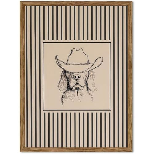 Vintage Western Cowboy Dog Wall Art Cute Southwestern Dog Wall Decor Painting, Retro Striped Western Animal Poster Canvas Print Picture for Living Room Bedroom 12x16 inch Wood Framed