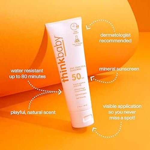 Amazon.com: Thinkbaby SPF 50+ Baby Mineral Sunscreen – Safe, Natural Sunblock for Babies - Water Resistant Sun Cream – Broad Spectrum UVA/UVB Sun Protection – Vegan Baby Sunscreen Lotion, 3 Oz. : Baby