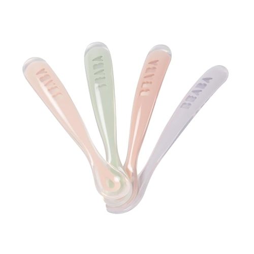 BEABA First Stage Baby Feeding Spoon Set, The Original Soft Tip Silicone Spoons for Babies, Gum Friendly BPA Lead Phthalate and Plastic Free, Great Gift Set (4 Pack), Rose