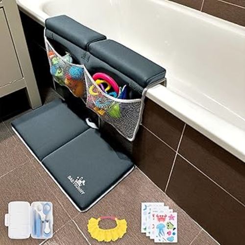 Baby Bath Kneeler and Elbow Rest Pad Set Grey with Toy Storage, Silicone Cap, Non-Slip Stickers and Baby Nail Care Kit - Baby Bath Kneeler 1.5” Thick Foam with Comfortable Knee Pad for Bathing Babies