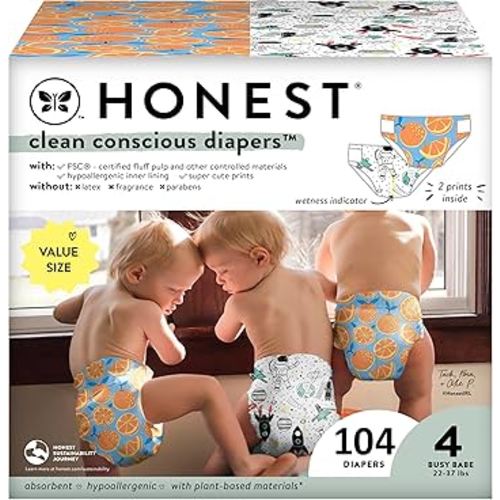The Honest Company Clean Conscious Diapers | Plant-Based, Sustainable | Space Travel + Orange You Cute | Super Club Box, Size 4 (22-37 lbs), 104 Count