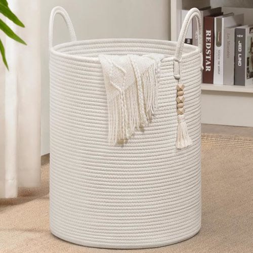 Goodpick White Laundry Basket with Handles, Tall Woven Laundry Hamper for Clothes, Towels, Pillows, Toys, Decorative Blanket Basket for Living Room, Bedroom, Playroom, 16 x 20 inches