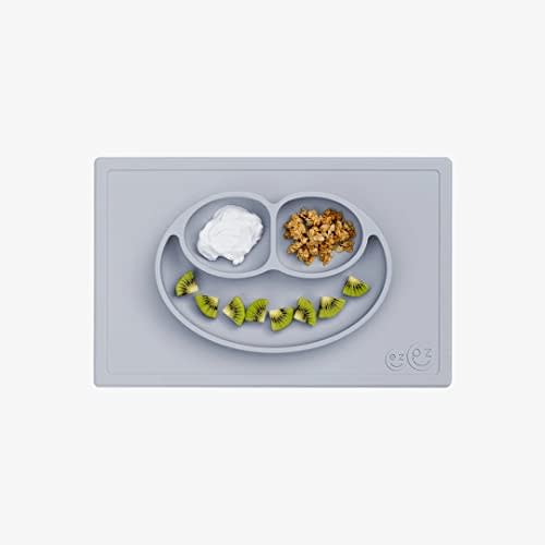 ezpz Happy Mat - 24 Months+ (Gray) - 100% Silicone Suction Plate with Built-in Placemat for Toddlers + Preschoolers - Divided Toddler Plates - Toddler Essentials