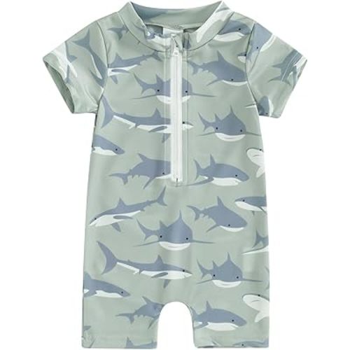 Toddler Baby Boy Shark Print Bathing Suit Half Zip Up One Piece Romper Short Sleeve Summer Rashguard Swimsuit