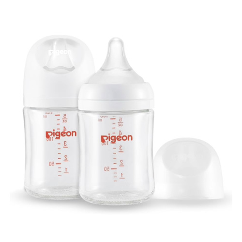 Pigeon Glass Nursing Bottle Wide Neck, Anti-Colic, Streamlined Body, Natural Feel, Easy to Clean, Heat-Resistant, 5.4 Oz(Pack of 2), Includes 2pcs SS Nipples (0m+)