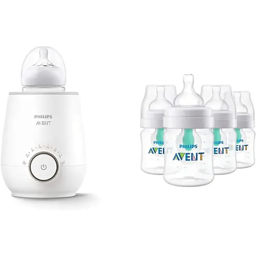 Philips Avent Baby Bottle Warming Bundle with Anti-Colic Baby Bottle with AirFree Vent, 4 Ounce, 4 Pack + Fast Baby Bottle Warmer