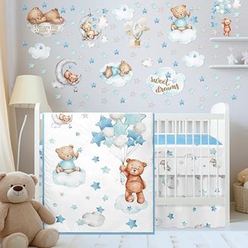 Mixweer 5 Pcs Crib Bedding Set for Toddlers Include Cloud Balloon Bear Theme Crib Sheets, Skirt, Comforter, Pad Cover, Wall Stickers for Boys or Girls Nursery Bedding Sets(Blue)