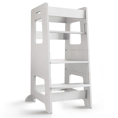 Kitchen Step Stool, WOOD CITY Toddler Kitchen Stool Helper with Safety Rail, Height Adjustable Child Standing Tower Learning Stool for Counter and Bathroom Sink (White)
