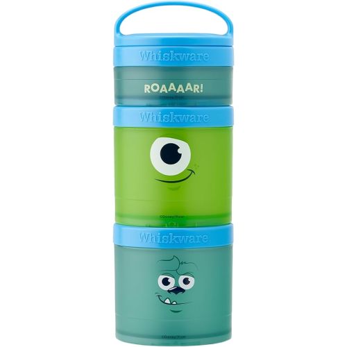 Whiskware Disney Pixar Stackable Snack Containers for Kids and Toddlers, 3 Stackable Snack Cups for School and Travel, Monsters Inc Mike Wazowski and Sulley