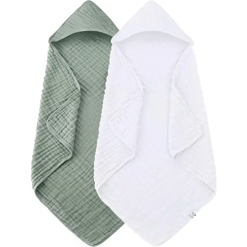 2 Pack Hooded Baby Towels - 100% Muslin Cotton for Newborns, Infants, Toddlers - Large 32x32Inch Size - Highly Absorbent and Essential for Newborn Care, White and Green