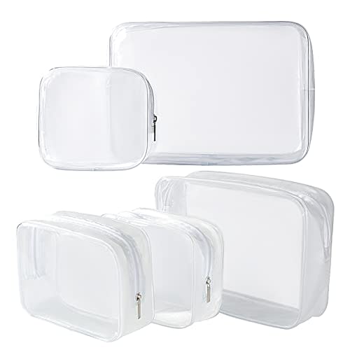 5 Pack Clear Plastic Zippered Toiletry Carry Pouch TSA Approved Toiletry Bag Portable Cosmetic Makeup Bag for Vacation, Bathroom and Organizing (White, Mixed Size)